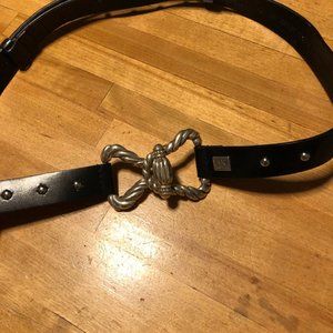 AK Anne Klein Adjustable Genuine Bonded Black Leather Silver Buckle Belt Extra L